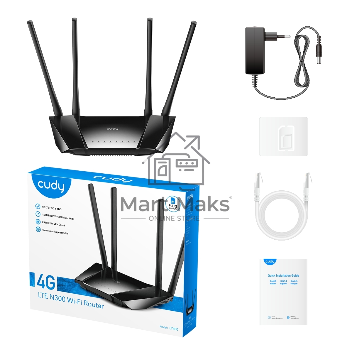Роутер беспроводной Cudy LT400 N300 10/100BASE-TX/4G cat.4 черный