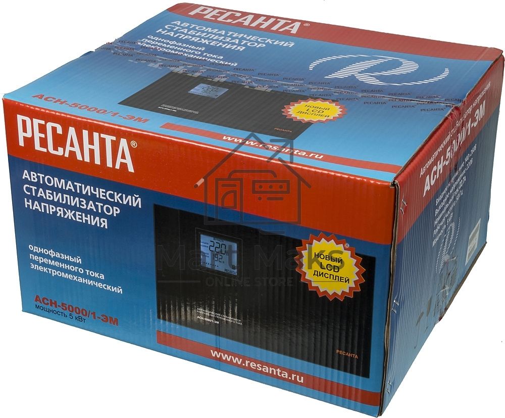 Стабилизатор Ресанта АСН-5 000/1-ЭМ 63/1/6 220В±2%, Габариты 395х235х183, Вес 18 кг