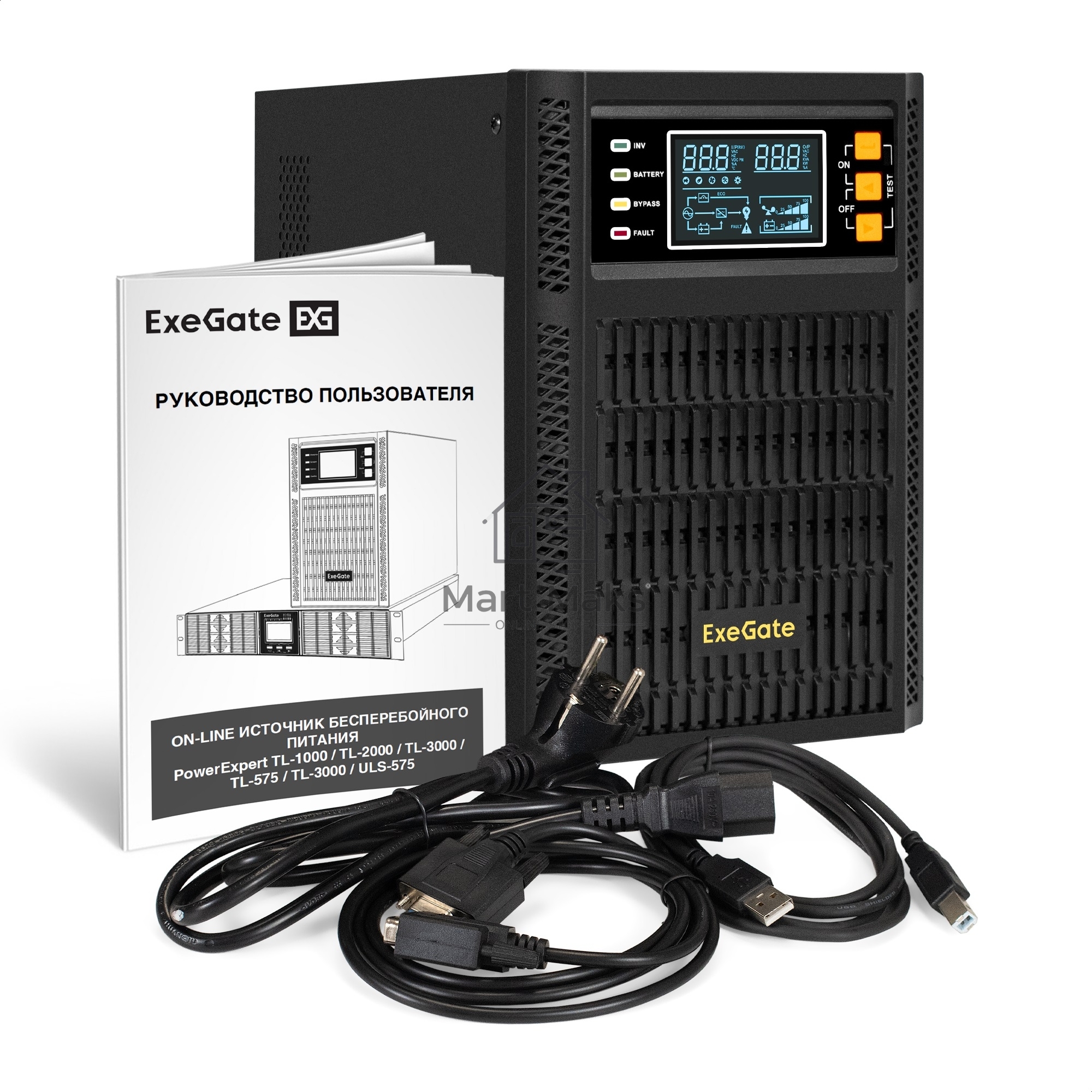 Источник бесперебойного питания On-line ExeGate PowerExpert TL-2000.LCD.AVR.3SH.USB.RS232.SNMP <2000VA/2000W, On-Line, PF=1, LCD, 3*Schuko, RS232, USB, SNMP-slot, встроенные батареи 12V 7.2Ah - 4шт, Tower, металлический корпус, Black>