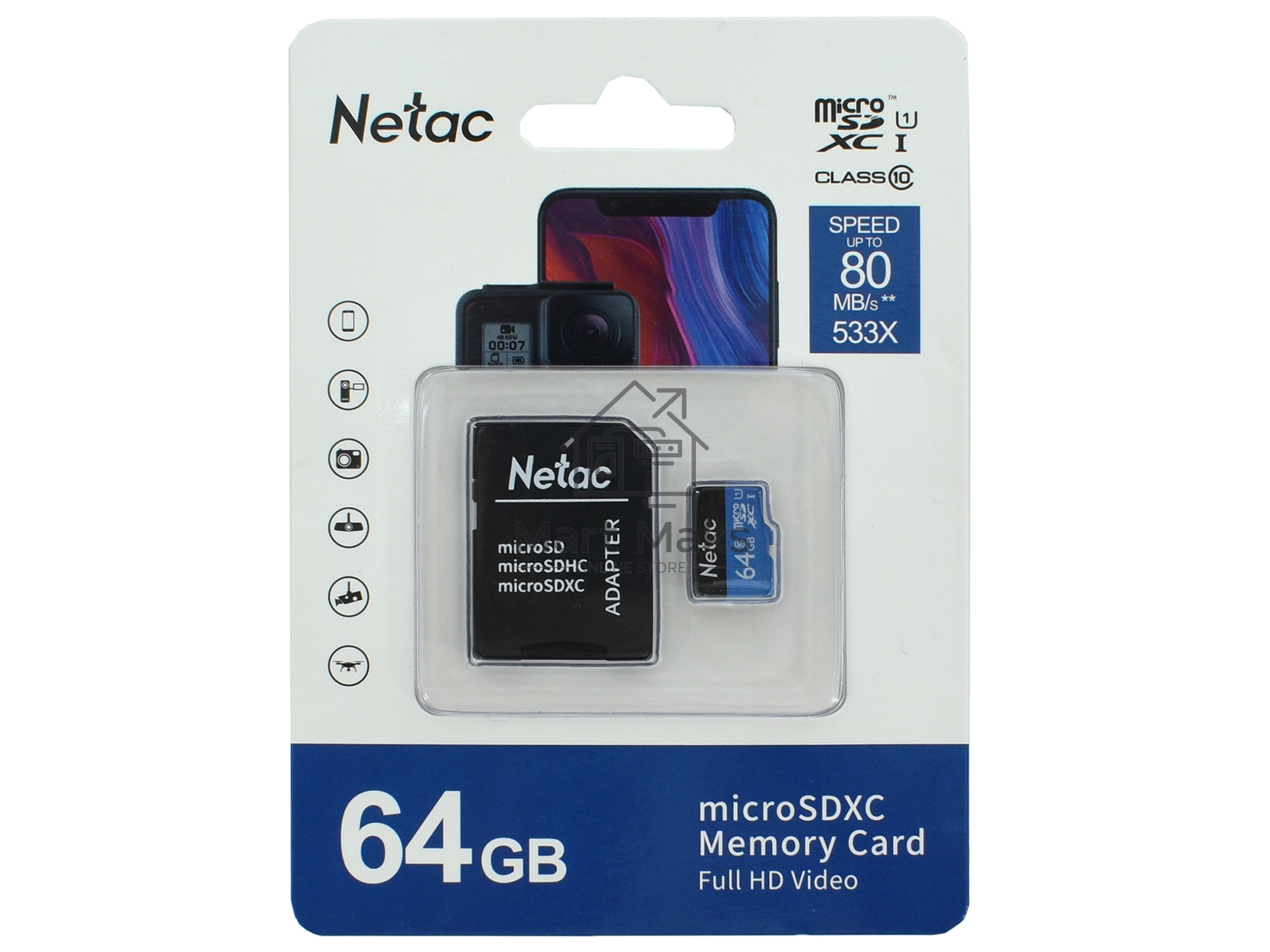 Флеш карта microSDHC 64GB Netac P500 <NT02P500STN-064G-R> (с SD адаптером) 80MB/s