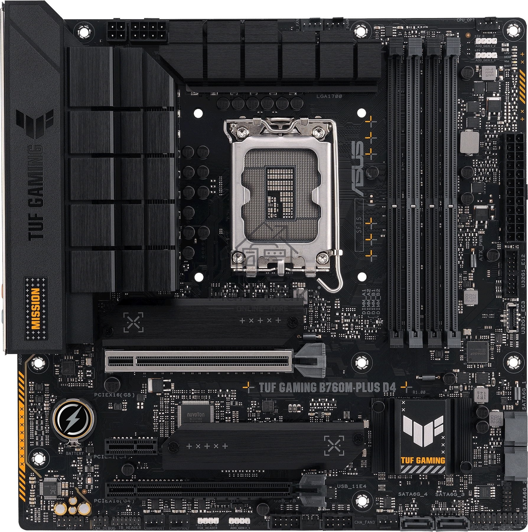 Материнская плата ASUS TUF GAMING B760M-PLUS D4, LGA1700, Intel B760, 4xDDR4, 4xSATA, 2xM.2, 1xPCIe 5.0 x16, 1xPCIe 4.0 x4, 1xPCIe 4.0 x1, 1xDP, 1xHDMI, 1x2.5Gb LAN, Wi-Fi, Bluetooth, 1xUSB-C 20Gbps, 4xUSB-A 10Gbps, 1xUSB-A 5Gbps, 2xUSB-A 2.0, 5x3.5 мм, 7