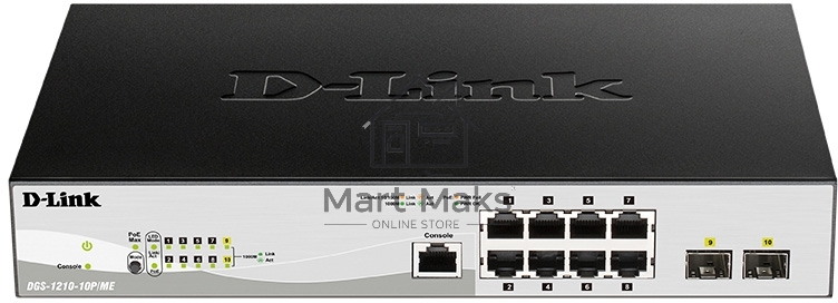Коммутатор D-Link DGS-1210-10P/ME/B1A Управляемый 2 уровня с 8 портами 10/100/1000Base-T с поддержкой PoE и 2 портами 1000Base-X SFP