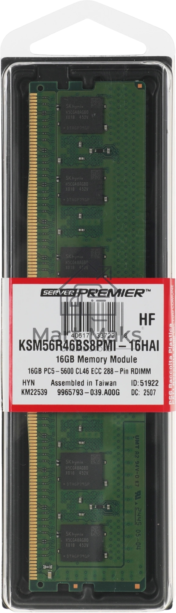 Оперативная память Kingston Server Premier, DDR5, 16GB (1x16GB), 5600MHz, CL46, DIMM, ECC
