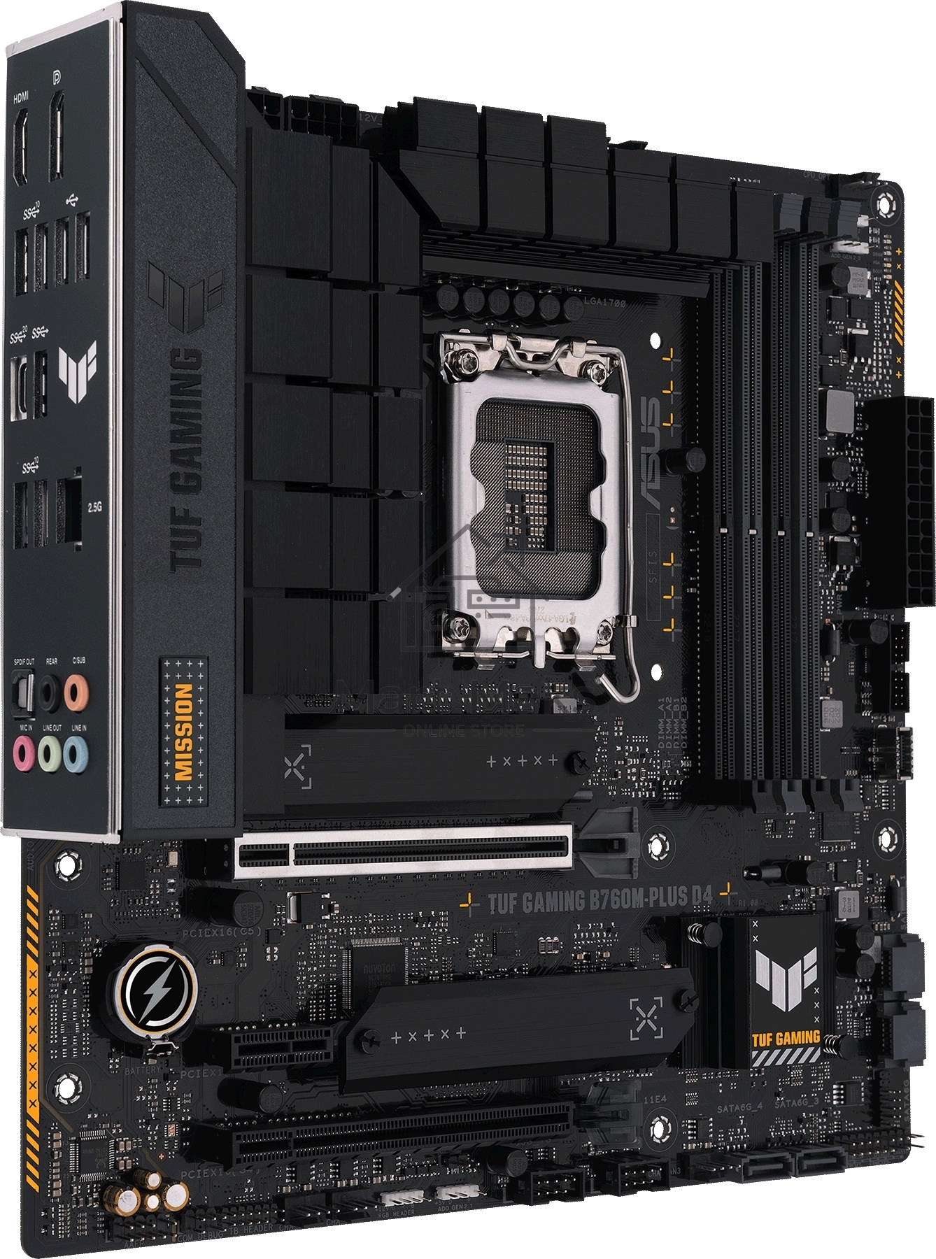 Материнская плата ASUS TUF GAMING B760M-PLUS D4, LGA1700, Intel B760, 4xDDR4, 4xSATA, 2xM.2, 1xPCIe 5.0 x16, 1xPCIe 4.0 x4, 1xPCIe 4.0 x1, 1xDP, 1xHDMI, 1x2.5Gb LAN, Wi-Fi, Bluetooth, 1xUSB-C 20Gbps, 4xUSB-A 10Gbps, 1xUSB-A 5Gbps, 2xUSB-A 2.0, 5x3.5 мм, 7