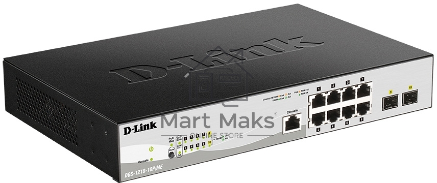 Коммутатор D-Link DGS-1210-10P/ME/B1A Управляемый 2 уровня с 8 портами 10/100/1000Base-T с поддержкой PoE и 2 портами 1000Base-X SFP