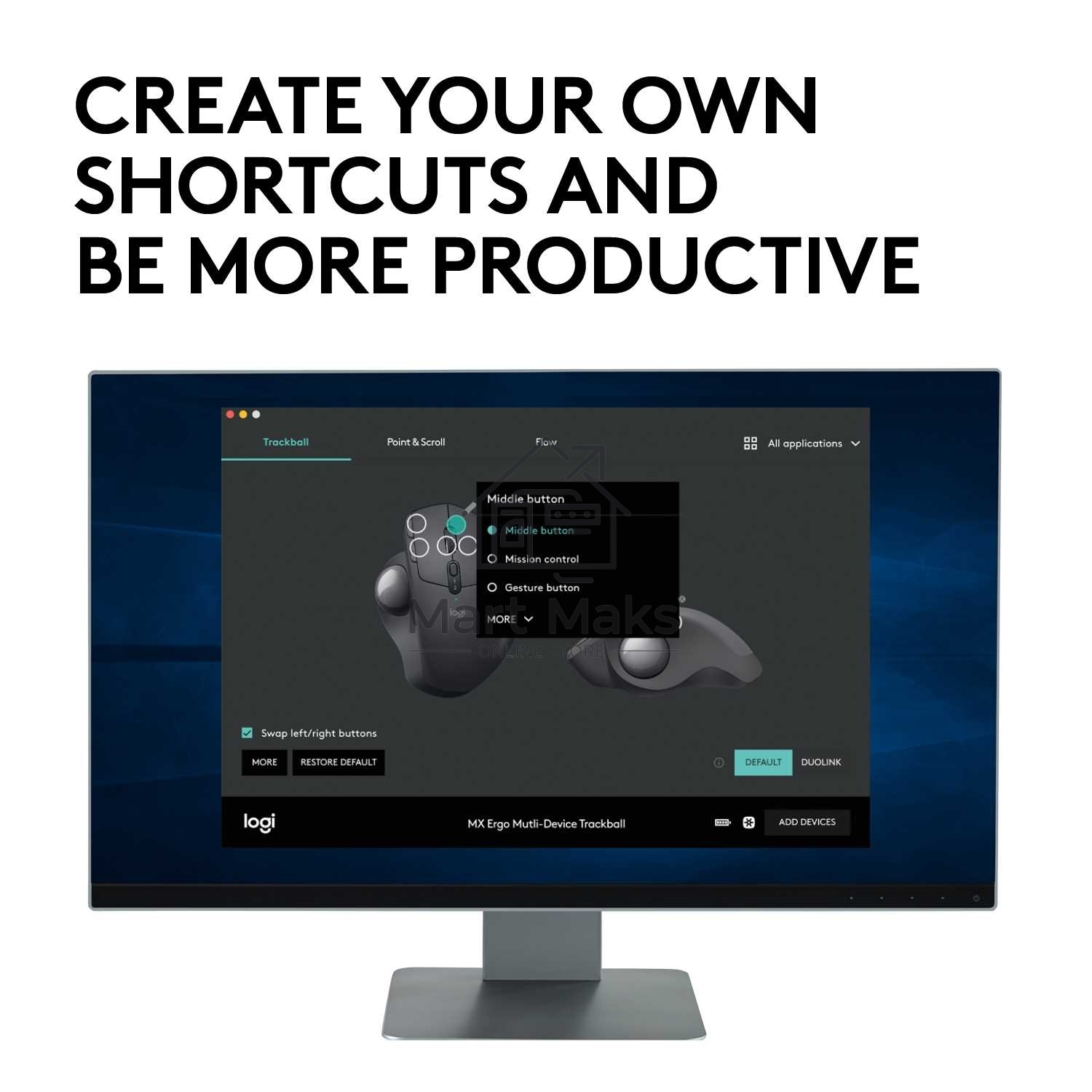 Трекбол беспроводной Logitech MX Ergo графитовый, 2048 dpi, радиоканал, Bluetooth, USB, кнопки - 8