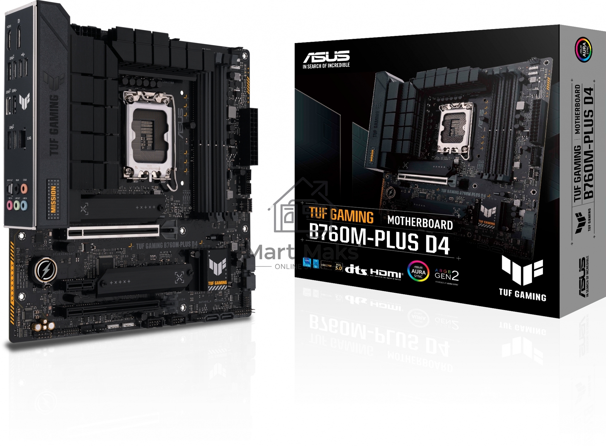 Материнская плата ASUS TUF GAMING B760M-PLUS D4, LGA1700, Intel B760, 4xDDR4, 4xSATA, 2xM.2, 1xPCIe 5.0 x16, 1xPCIe 4.0 x4, 1xPCIe 4.0 x1, 1xDP, 1xHDMI, 1x2.5Gb LAN, Wi-Fi, Bluetooth, 1xUSB-C 20Gbps, 4xUSB-A 10Gbps, 1xUSB-A 5Gbps, 2xUSB-A 2.0, 5x3.5 мм, 7