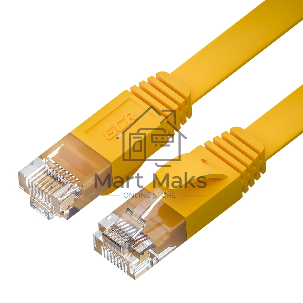 Патч-корд GCR PROF плоский прямой 15.0m, UTP медь кат.6, желтый, 30 AWG, ethernet high speed 10 Гбит/с, RJ45, T568B, GCR-52826