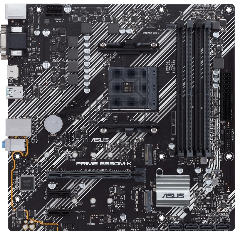 Материнская плата ASUS PRIME B550M-K, AM4, AMD B550, 4xDDR4, 4xSATA, 2xM.2, 1xPCIe 4.0 x16, 2xPCIe x1, 1xDVI-D, 1xHDMI, 1xVGA, 1x 1Gb LAN, 4xUSB 3.2 Gen 1, 2xUSB 3.2 Gen 2, 3x3.5 мм, 7.1, mATX