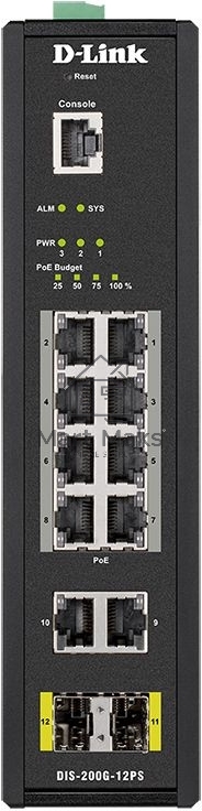 КоммутаторD-Link DIS-200G-12PS/A1A, L2 Managed Industrial Switch with 10 10/100/1000Base-T and 2 1000Base-X SFP ports (8 PoE ports 802.3af/802.3at (30 W), PoE Budget 123 W)8K Mac address, 802.3x Flow Control,