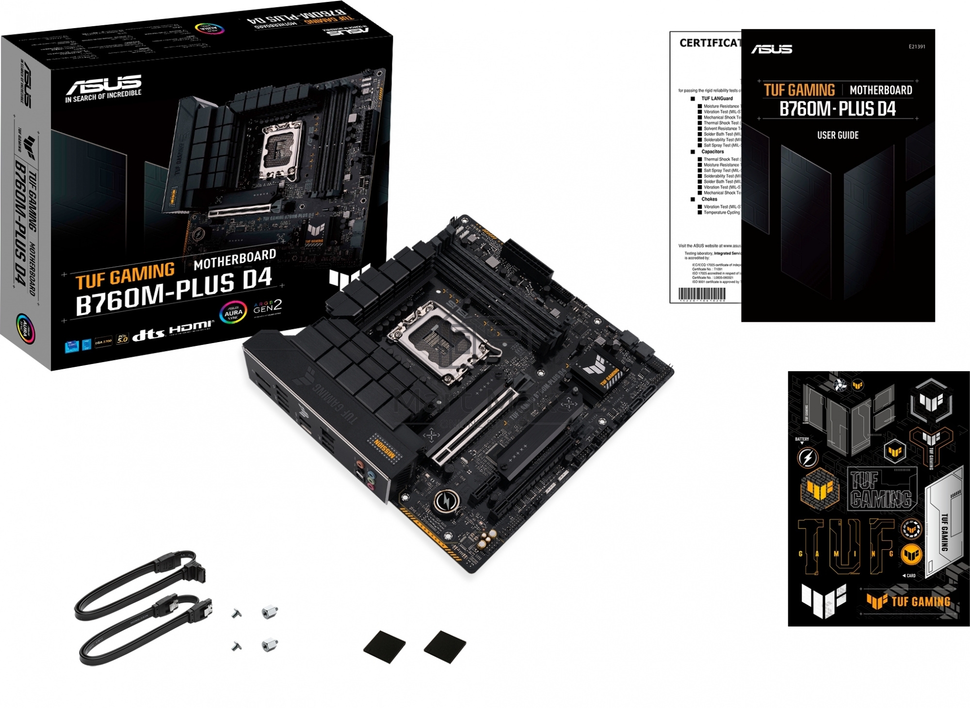 Материнская плата ASUS TUF GAMING B760M-PLUS D4, LGA1700, Intel B760, 4xDDR4, 4xSATA, 2xM.2, 1xPCIe 5.0 x16, 1xPCIe 4.0 x4, 1xPCIe 4.0 x1, 1xDP, 1xHDMI, 1x2.5Gb LAN, Wi-Fi, Bluetooth, 1xUSB-C 20Gbps, 4xUSB-A 10Gbps, 1xUSB-A 5Gbps, 2xUSB-A 2.0, 5x3.5 мм, 7