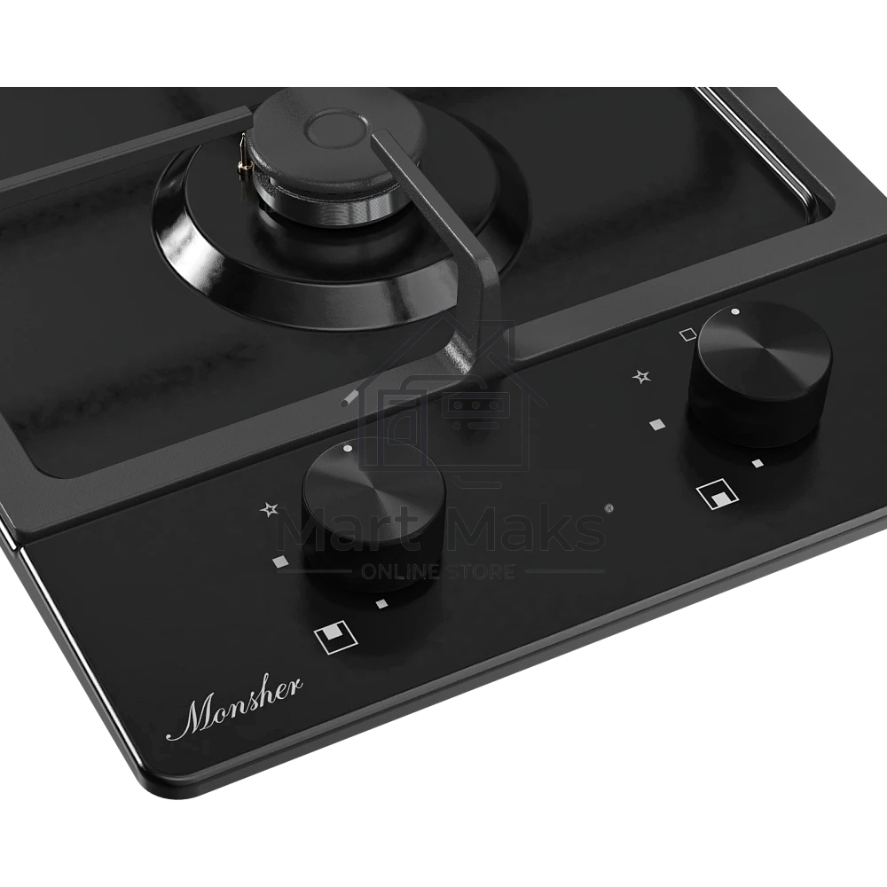 Газовая варочная панель MONSHER MSG 33 Noir, газ, High-Tech, 29 см, автоматический электроподжиг, газ-контроль, форсунки под сжиженый газ, SABAF конфорки, чугунные решетки, черный