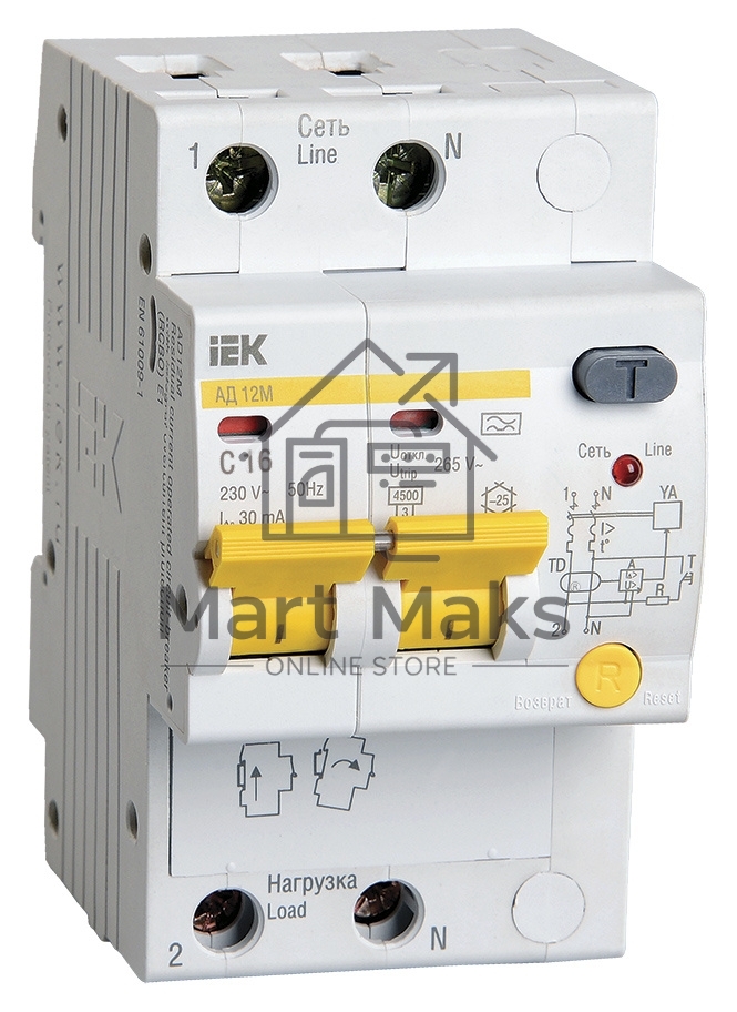 Выключатель автоматический дифференциального тока Iek MAD12-2-016-C-030 АД12М 2Р С16 30мА ИЭК