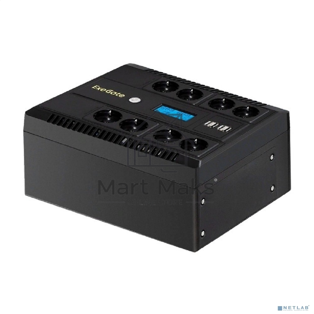 Источник бесперебойного питания ExeGate NEO Smart LHB-850.LCD.AVR.8SH.CH.RJ.USB 850VA/510W, LCD, AVR, 8*Schuko, RJ45/11, USB, 4*USB-порта для зарядки, черный