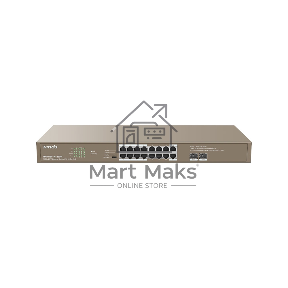 Неуправляемый Коммутатор IP-COM G1118P-16-250W 16 GE+SFP Ethernet с 16-Портовым PoE