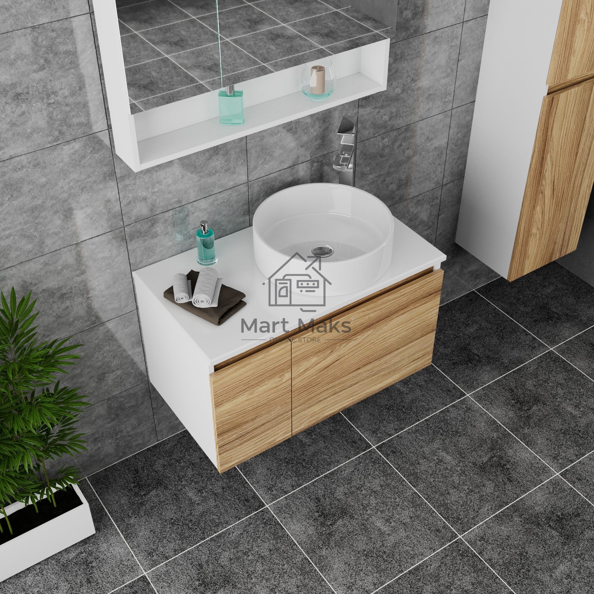 Комплект для ванной, 3 предмета (Тумба Bau Dream Blackwood 80, раковина BAU Dream круглая D41, смеситель для раковины высокий Hotel Still, нержавеющая сталь)