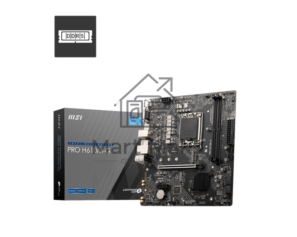 Материнская плата MSI PRO H610M-G, LGA 1700, Intel H610, 2xDDR5, 4xSATA, 1xM.2, 1xPCIe 4.0 x16, 1xPCIe 3.0 x1, 1xHDMI, 1xDP, 1xVGA, 1xRJ45 1Gb, 2xUSB-A 3.2 Gen 1, 4xUSB-A 2.0, 3x3.5мм, 7.1, mATX