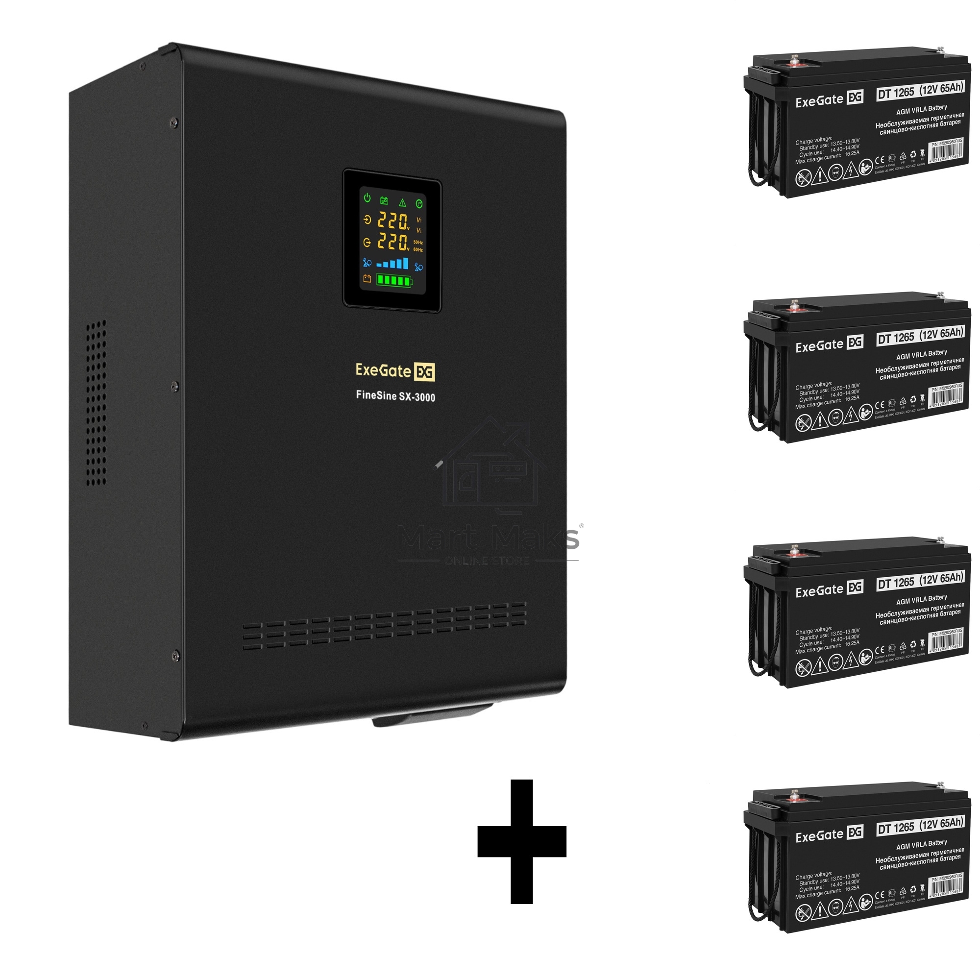 Комплект ИБП EX296003RUS + батарея 65Aч EX282980RUS 4шт (инвертор, синус, для котла, настенный) ExeGate FineSine SX-3000.LCD.AVR.2SH.T <3000VA/2100W, чистая синусоида, цветной LCD-дисплей, AVR, 2*Schuko+клеммы, линейно-интерактивный, крепление настенное, 