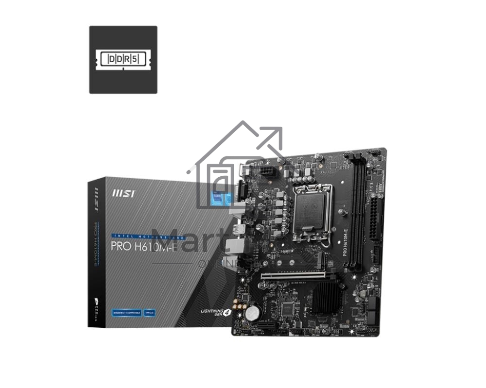 Материнская плата MSI PRO H610M-E, LGA 1700, Intel H610, 2xDDR5, 4xSATA, 1xM.2, 1xPCIe 4.0 x16, 1xPCIe 4.0 x1, 1xHDMI, 1xVGA, 1xRJ45 1Gb, 2xUSB-A 3.2 Gen 1, 4xUSB-A 2.0, 3x3.5мм, 7.1, mATX