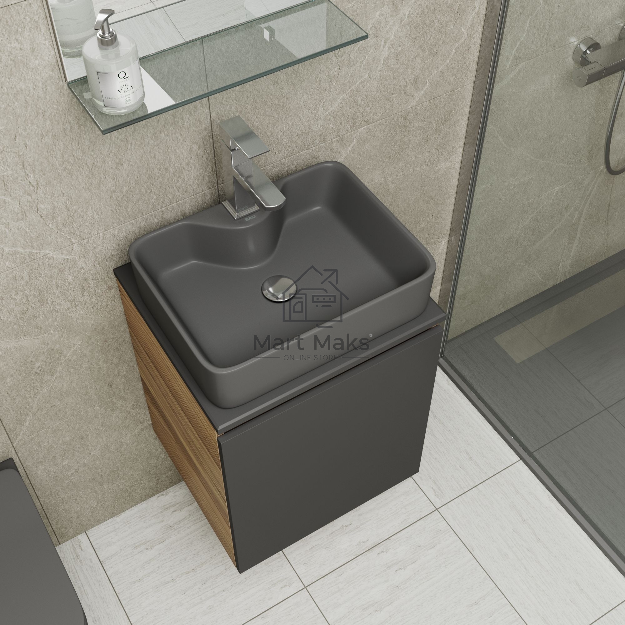 Тумба Bau Dream Blackwood 50 графит, раковина BAU Cerama 48х37 темно-серая матовая, смеситель Hotel Still, нерж. сталь, выпуск клик клак, хром