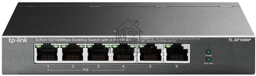 Коммутатор TP-Link 4-port 10/100Mbps Unmanaged PoE+ Switch with 2 10/100Mbps uplink ports, meta case, desktop mount, 4 802.3af/at compliant PoE+ port, 2 10/100Mbps uplink ports, DIP switches for Extend mode, Isolation mode and Priority mode, up to 250m Po