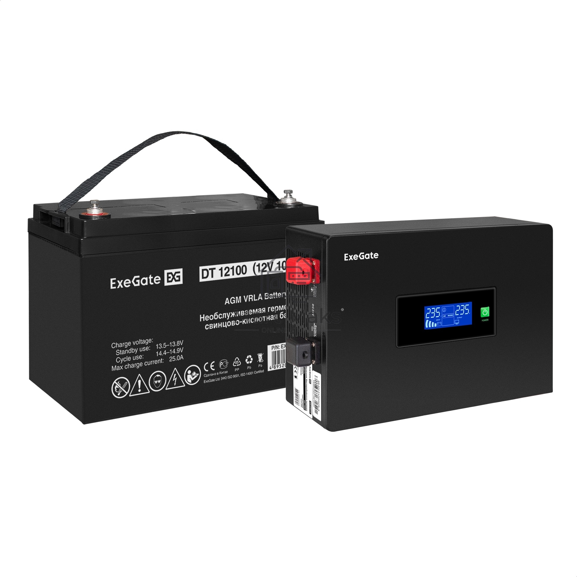 Комплект ИБП EX295992RUS + батарея 100Aч EX282985RUS 1шт (инвертор, синус, для котла, PF=1, настенный) ExeGate IdealSine SR-600.LCD.2SH <600VA/600W, чистая синусоида, цветной LCD-дисплей, 2*Schuko, крепление настенное, Black> + батарея ExeGate DT 12100 (1