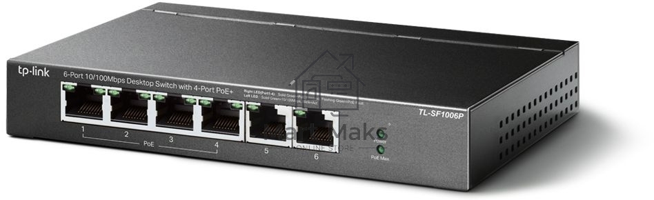 Коммутатор TP-Link 4-port 10/100Mbps Unmanaged PoE+ Switch with 2 10/100Mbps uplink ports, meta case, desktop mount, 4 802.3af/at compliant PoE+ port, 2 10/100Mbps uplink ports, DIP switches for Extend mode, Isolation mode and Priority mode, up to 250m Po