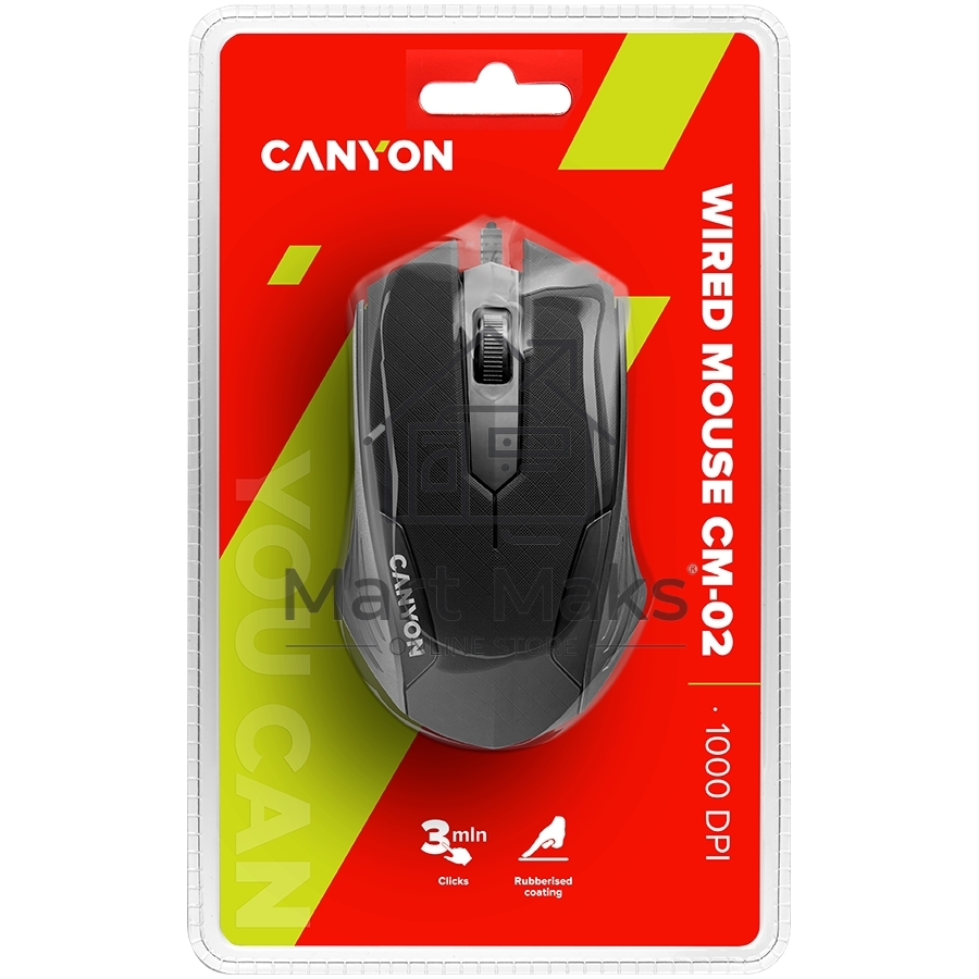 Мышь проводная Canyon CM-02 черный, 1000 dpi, USB, кнопки - 3