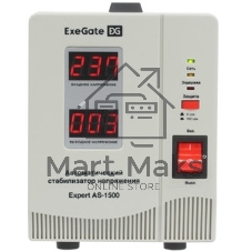 Стабилизатор напряжения ExeGate EX291722RUS Expert AS-1500 (1500ВА, вход 140...260В, двойная цифр. индикация вход/вых. напряжения, выход 220В±8%, КПД 98%, 5 уровней защиты, задержка, метал. корпус, 2 евророзетки, RTL)