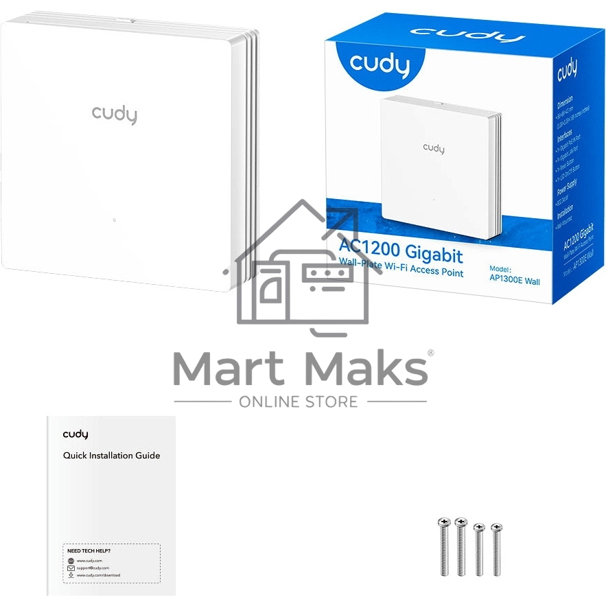 Точка доступа AC1200 Dual Band Gigabit Wall Plate Access Point, 867Mbps at 5GHz + 300Mbps at 2.4GHz, 1 x Gigabit PoE-IN Port, 802.3af / at, 1 x Gigabit RJ45 ports, Cudy Mesh Support