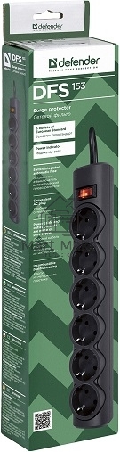 Сетевой фильтр Defender DFS 153 3 м, черный, 6 розеток