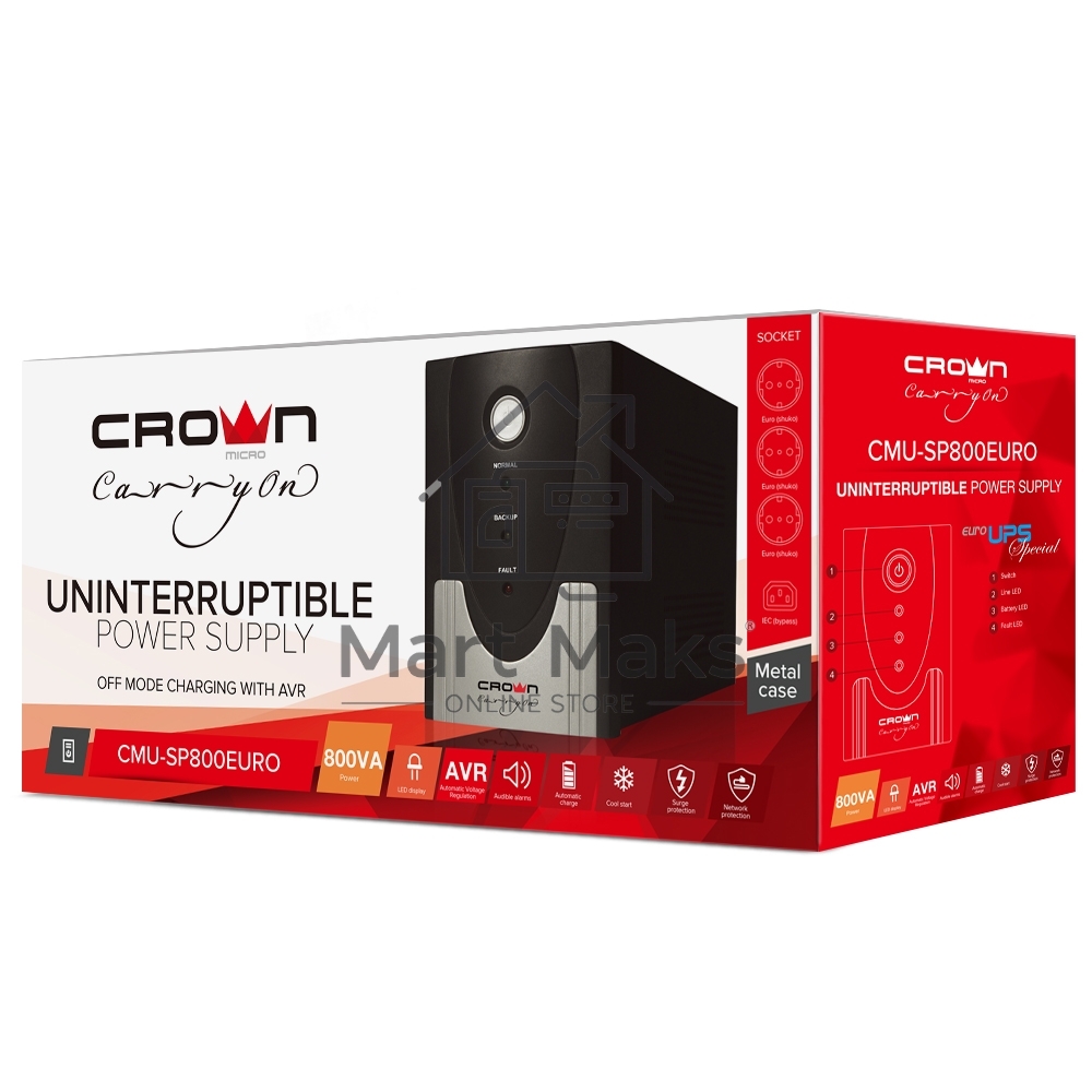 Источник бесперебойного питания CROWN ИБП CMU-SP800EURO 800VA, металл,1x12V/9AH, розетки 3*EURO+1*IEC bybas CM000001492