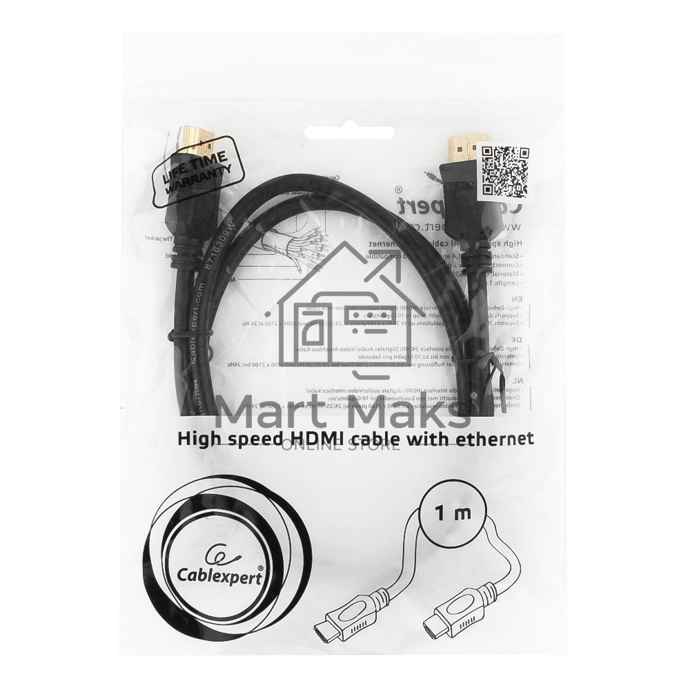 Кабель Cablexpert HDMI CC-HDMI4L-1M, 19M/19M, v2.0, серия Light, позол.разъемы, экран, 1м, черный, пакет