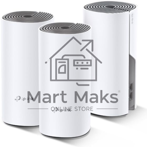 Домашняя Mesh Wi-Fi система TP-Link Deco E4 (3-Pack), 1167Мбит/с (5 ГГц: до 867 Мбит/с + 2,4 ГГц: до 300 Мбит/с), 2 порта 100 Мбит/с, 2 встроенные антенны на каждом модуле Deco