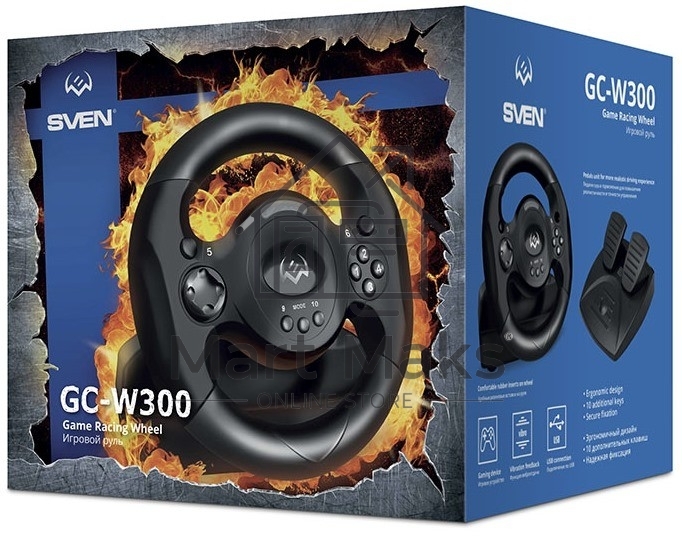 Руль SVEN GC-W300 (педали, вибро, лепестки, D-pad, 10 кл, резин. вставки, PC, цифр. и аналог.