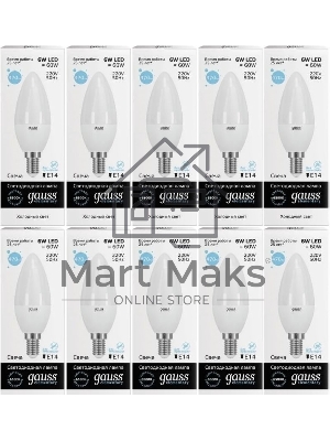 Лампа светодиодная Gauss Elementary 6Вт цок.:E14 свеча 220B 6500K св.свеч.бел.хол. C37 (упак.:10шт)