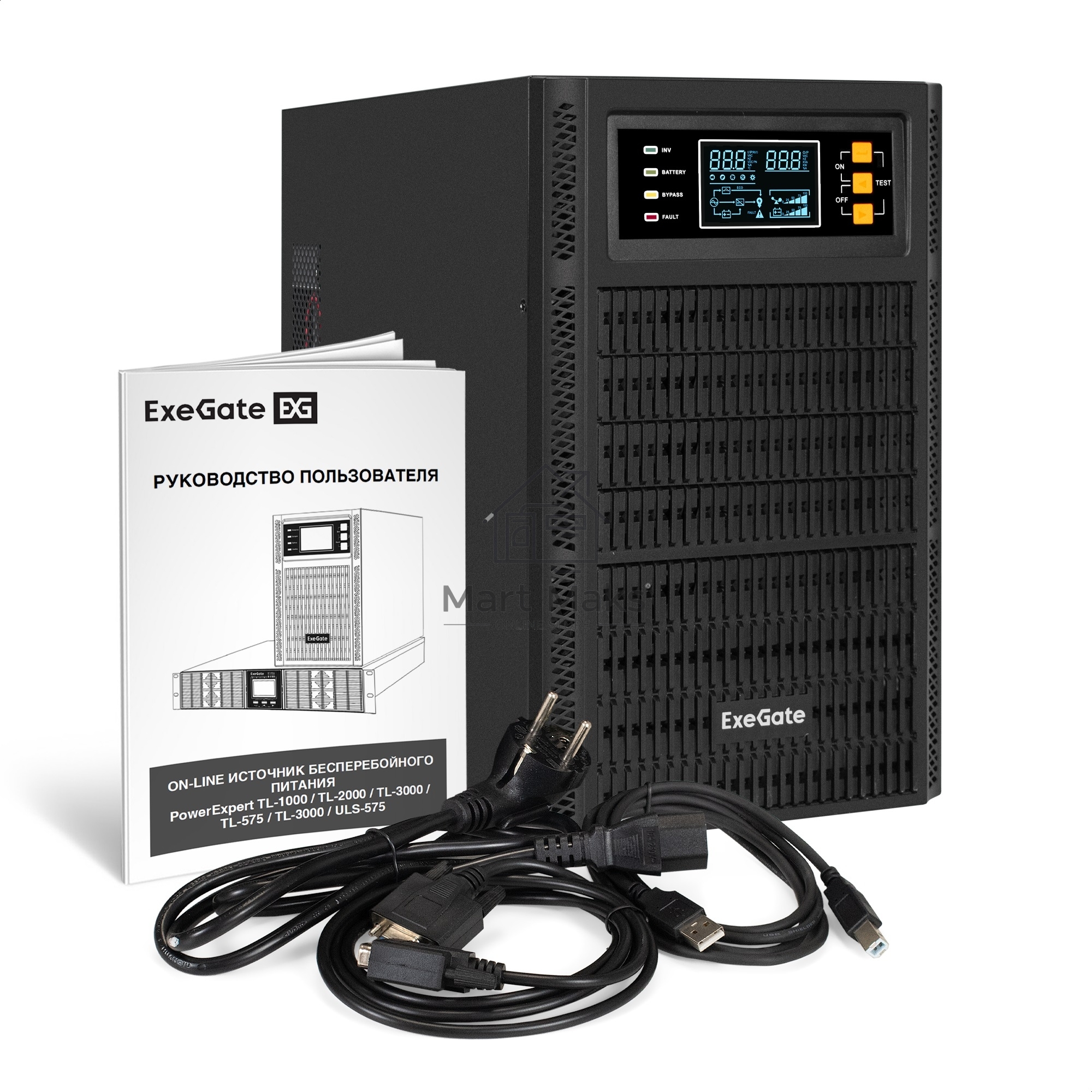 Источник бесперебойного питания On-line ExeGate PowerExpert TL-3000.96V.LCD.AVR.3SH.USB.RS232.SNMP <3000VA/3000W, On-Line, PF=1, LCD, 3*Schuko, RS232, USB, SNMP-slot, встроенные батареи 12V 7.2Ah - 8шт, возможность подключения до 4 внешних батарейных блок