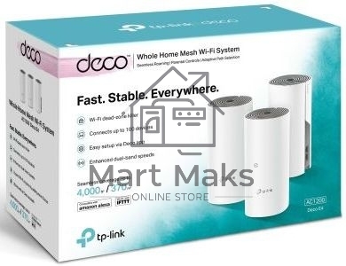 Домашняя Mesh Wi-Fi система TP-Link Deco E4 (3-Pack), 1167Мбит/с (5 ГГц: до 867 Мбит/с + 2,4 ГГц: до 300 Мбит/с), 2 порта 100 Мбит/с, 2 встроенные антенны на каждом модуле Deco