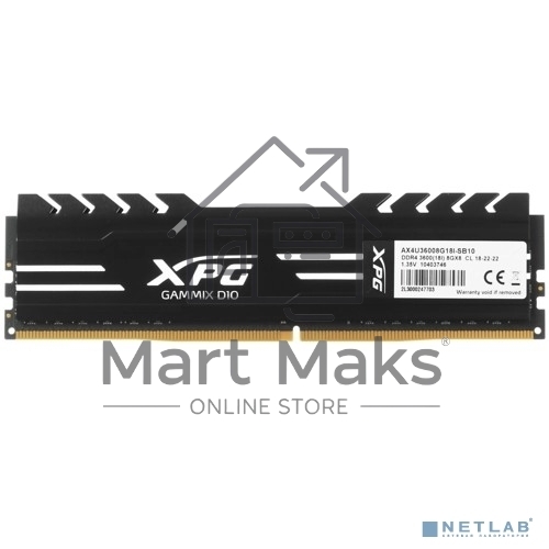 Оперативная память XPG Gammix D10, DDR4, 8GB (1x8GB), 3600MHz, CL18, DIMM, с радиатором, черный