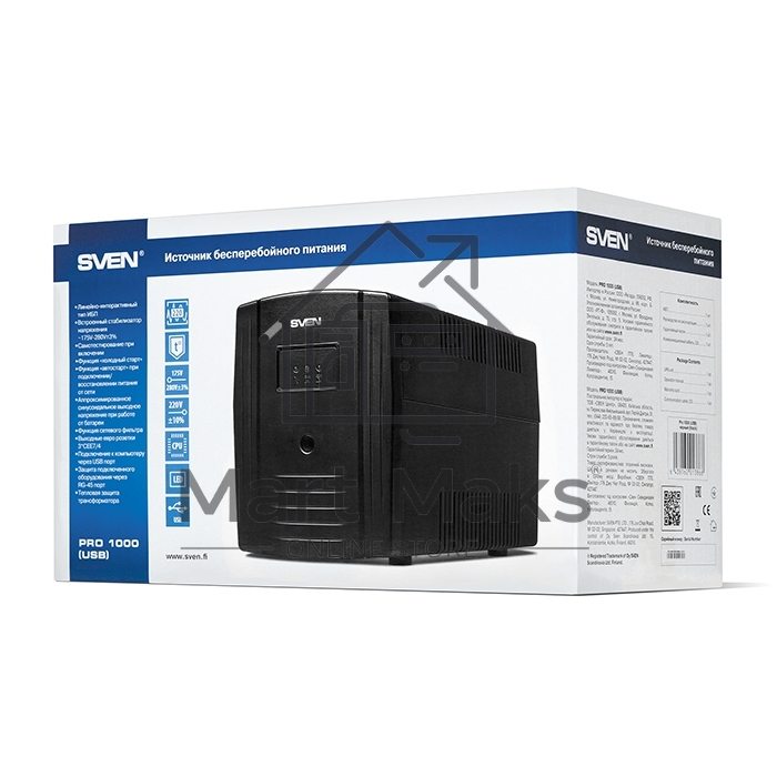 Источник бесперебойного питания SVEN Pro 1000 1000VA/720W USB, RJ-45 (3 EURO) 
