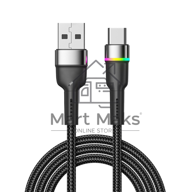Кабель USB-A – Type-C, 3А, 18Вт, 1м, в черной нейлоновой оплетке, с LED подсветкой Rexant