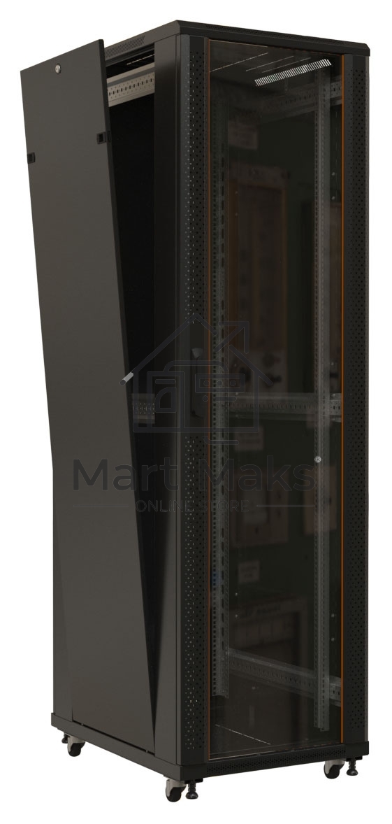 Шкаф напольный Hyperline TTB-4268-AS-RAL9004 19-дюймовый, 42U, 2055x 600х 800 мм (ВхШхГ), передняя стеклянная дверь со стальными перфорированными боковинами, задняя дверь сплошная, ручка с замком