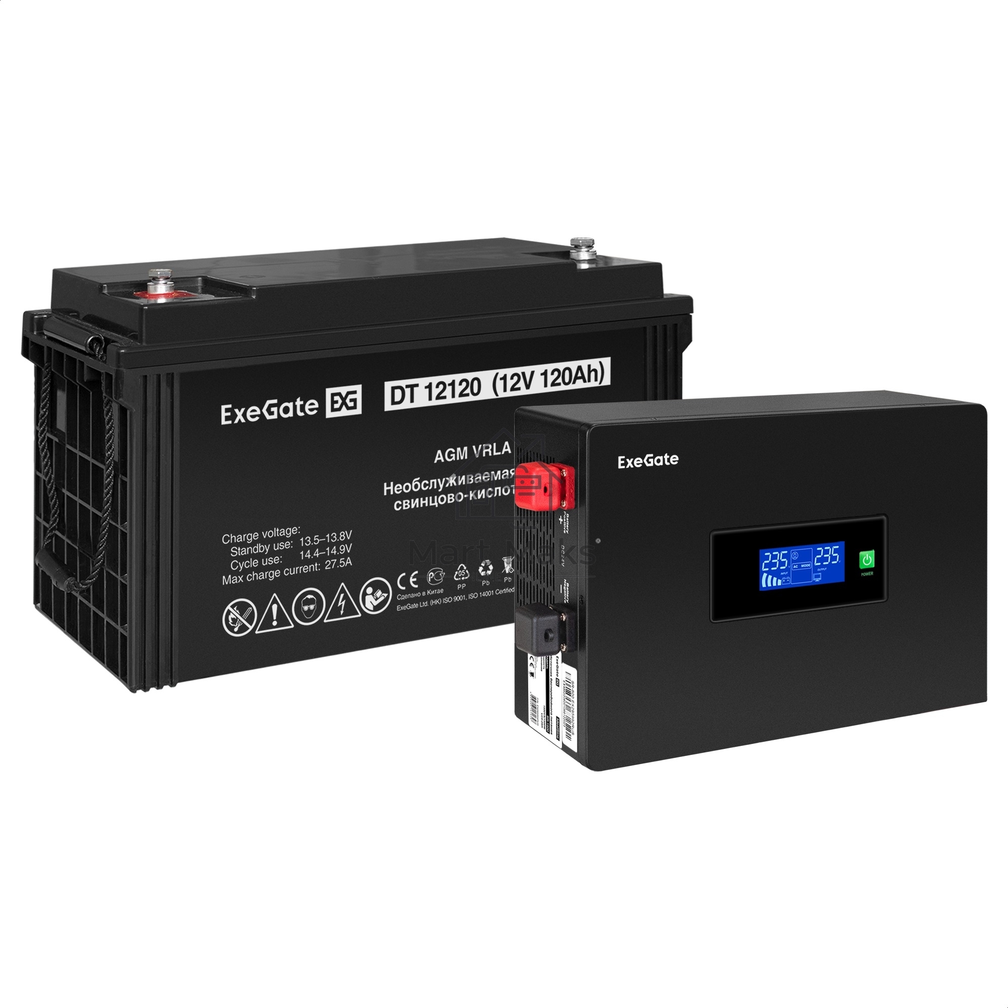 Комплект ИБП EX295992RUS + батарея 120Aч EX282988RUS 1шт (инвертор, синус, для котла, PF=1, настенный) ExeGate IdealSine SR-600.LCD.2SH <600VA/600W, чистая синусоида, цветной LCD-дисплей, 2*Schuko, крепление настенное, Black> + батарея ExeGate DT 12120 (1