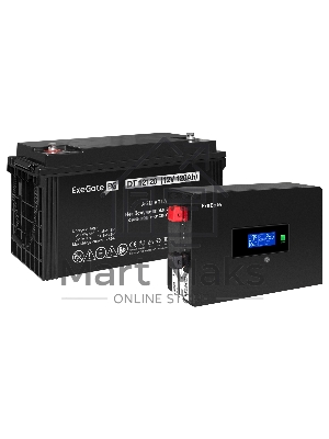 Комплект источника бесперебойного питания Exegate EX295992RUS + батарея 120Aч EX282988RUS 1шт (инвертор, синус, для котла, PF=1, настенный) ExeGate IdealSine SR-600.LCD.2SH <600VA/600W, чистая синусоида, цветной LCD-дисплей, 2*Schuko, крепление настенное,