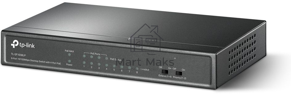 Коммутатор TP-Link 8-Port 10/100Mbps Unmanaged Switch with 4-Port PoE, metal case, desktop mount, PoE budget 41W.