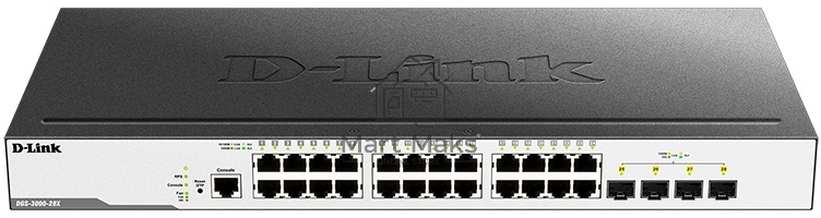 Коммутатор D-Link DGS-3000-28X/B, L2 Managed Switch with 24 10/100/1000Base-T ports and 4 10GBase-X SFP+ ports.16K Mac address, 802.3x Flow Control, 4K of 802.1Q VLAN, VLAN Trunking, 802.1p Priority Queues, Tra