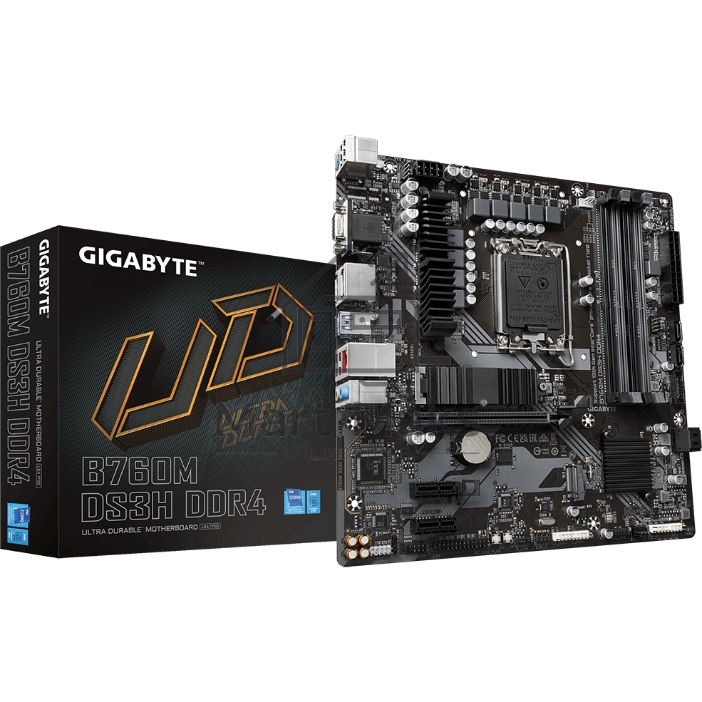 Материнская плата Gigabyte B760 DS3H DDR4, LGA 1700, Intel B760, 4xDDR4, 4xSATA, 2xM.2, 1xPCIe 4.0 x16, 4xPCIe 3.0 x1, 1xHDMI, 1xDP, 1x 1Gb LAN, 1xUSB 3.2 Gen 2, 1xUSB 3.2 Gen 2x2, 4xUSB 2.0, 3x3.5 мм, 7.1, ATX