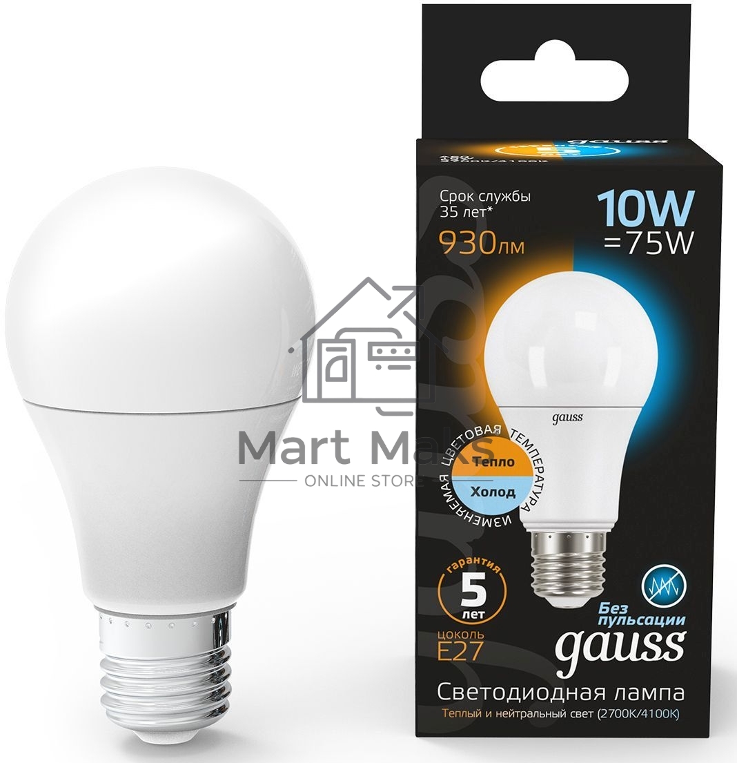 Лампа светодиодная LED A60 E27 10Вт 2700К/4100К CTC Gauss 102502110-T