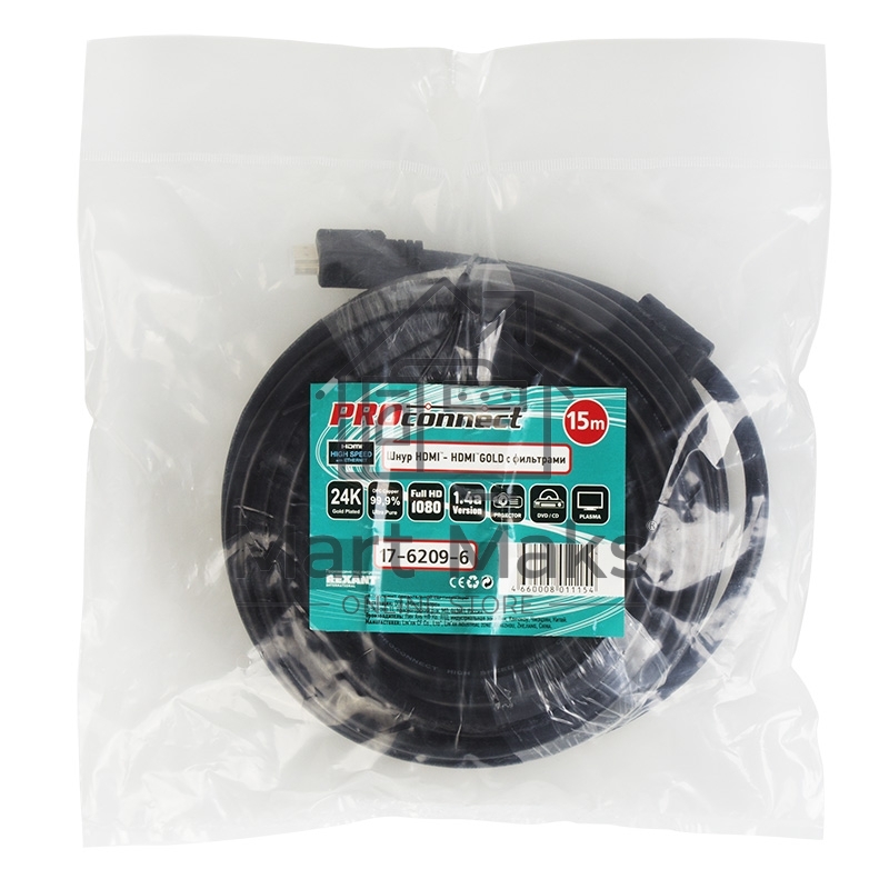 Шнур HDMI - HDMI gold, 15М с фильтрами (PE bag) PROCONNECT