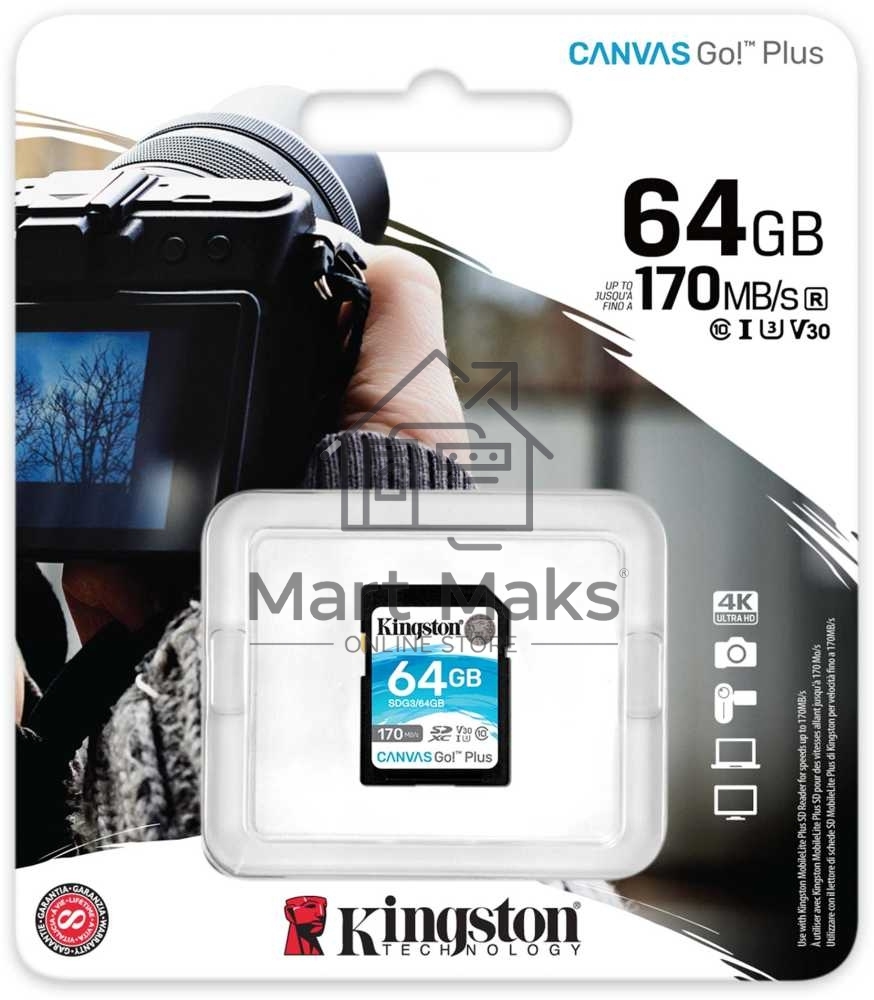 Флеш карта Kingston 64GB SDXC Canvas Go Plus 170R C10 UHS-I U3 V30 EAN: 740617301397